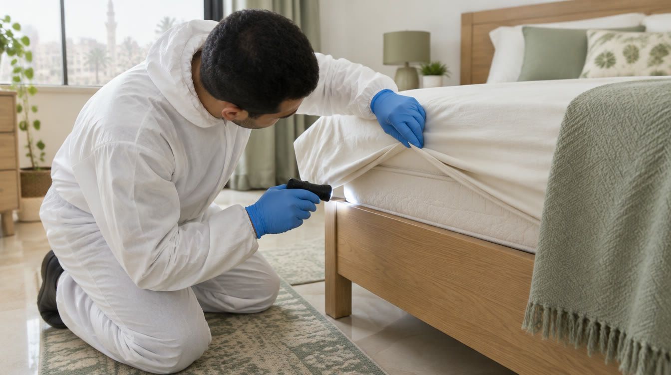 Pest control technician in white overalls and blue gloves lifting a sheet and checking a mattress seam and wooden bed frame with a small flashlight