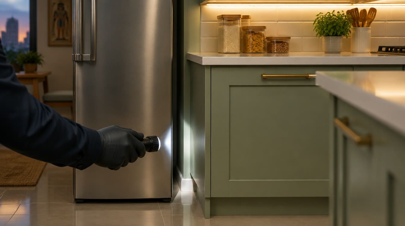 A technician's gloved hand shining a flashlight into the gap beside the fridge and a kitchen cabinet, looking for where cockroaches hide